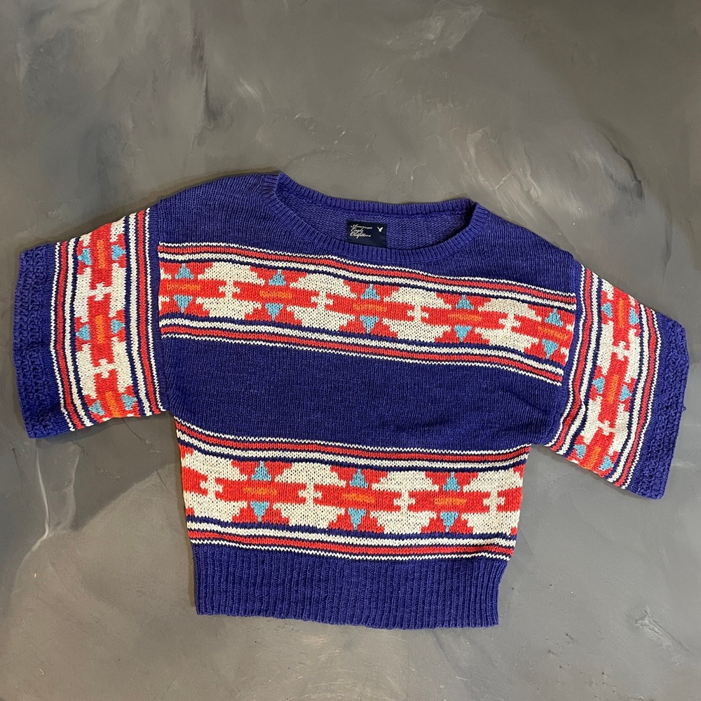 American Eagle Womens Blue Southwestern Poncho Knit Sweater Size M Aztec